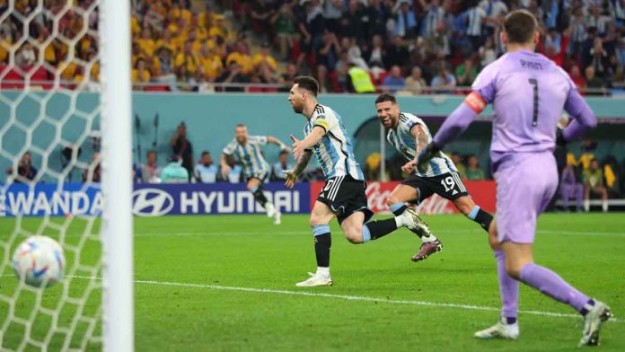 sports-World-Cup Argentina’s Lionel Messi celebrates after scoring against Australia. GETTY IMAGES