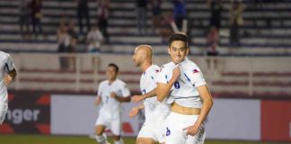 Philippine Azkals’ Sandro Reyes celebrates after scoring his first goal against Brunei Darussalam. PFF PHOTO