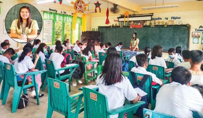 Antique-teacher Teacher Myra E. Torquato (inset) inspires the youth to finish their studies. DOLE-6 PHOTO