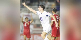 Sebastian Rasmussen of the Philippine Azkals gestures after scoring a goal against Indonesia. PFF PHOTO