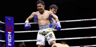 Retired Filipino boxer Manny Pacquiao knocks down South Korean Youtuber DK Yoo during an exhibition match in December 2022. PHOTO COURTESY OF WENDELL ALINEA/MP PROMOTIONS