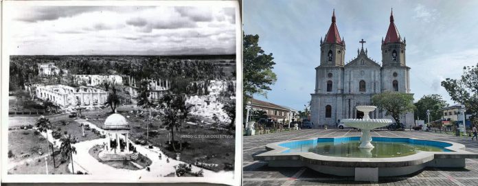 Molo plaza in March 1945 (left); Newly-restored Molo plaza (right)
