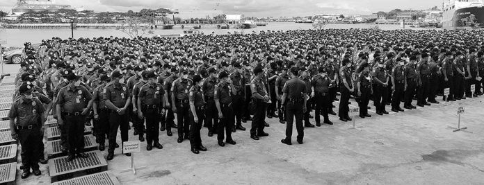 security-personnel A send-off ceremony for the Site Task Group Dinagyang composed of 7,215 members of the Philippine National Police, Philippine Army, Bureau of Fire Protection, Public Safety and Transportation Management Office, barangay officials, and other force multipliers was held on Tuesday, Jan. 17, at the Iloilo Freedom Grandstand. AJ PALCULLO/PN