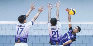 D’Navigators-Iloilo’s Jerome Cordez evades the defense of National University-Archipelago Builders Volley Builders’ Jan Abanilla for a drop shot. PHOTO COURTESY OF SPIKERS’ TURF