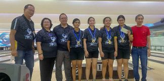 Bacolod City’s Sugar Bowl Tenpin Association Inc. coaches Ariel Yelo, Joyce Santos and Herman Santos, along with their champion players Nomie Rosario, Alyana Abelada, Antonnette Garcia and Tracey Tan and Philippine Bowling Federation president Ed Santos. CONTRIBUTED PHOTO