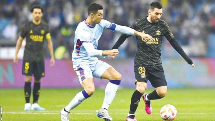 sports-messi Cristiano Ronaldo scored twice in his first game in Saudi Arabia and Lionel Messi was also on the scoresheet as Paris St-Germain edged a Riyadh All-Star XI 5-4 in a thrilling contest. GETTY IMAGES