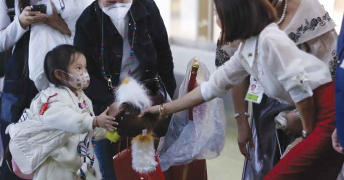 travelers Tourism secretary Cristina Frasco welcomes Chinese visitors from Xiamen at the NAIA Terminal 1 on Tuesday, Jan. 24. PNA PHOTO BY JOEY RAZON