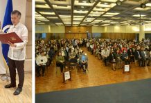 (Left photo) Executive Secretary Lucas Bersamin (left) swears in Development Bank of the Philippines (DBP) president and chief executive officer (CEO) Michael O. de Jesus during rites held on Jan. 11, 2023 at the Office of the Press Secretary in Malacañan Palace, Manila. (Right photo) DBP president and CEO Michael O. de Jesus address DBP officers and staff for the first time during the Monday flag-raising ceremony held at the DBP head office in Makati City.