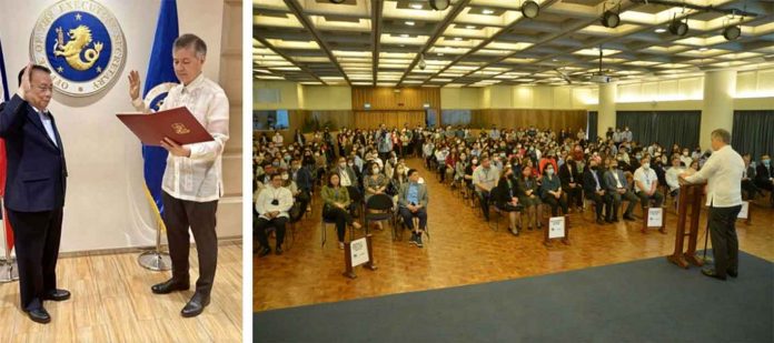 dbp (Left photo) Executive Secretary Lucas Bersamin (left) swears in Development Bank of the Philippines (DBP) president and chief executive officer (CEO) Michael O. de Jesus during rites held on Jan. 11, 2023 at the Office of the Press Secretary in Malacañan Palace, Manila. (Right photo) DBP president and CEO Michael O. de Jesus address DBP officers and staff for the first time during the Monday flag-raising ceremony held at the DBP head office in Makati City.