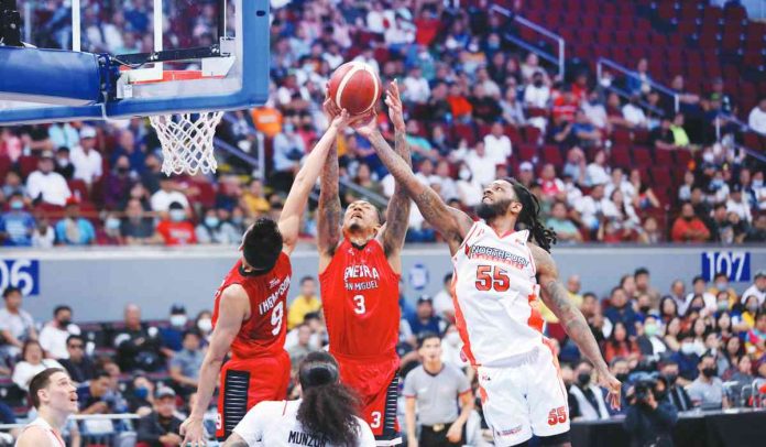 sports Malonzo Barangay Ginebra San Miguel Kings’ Jamie Malonzo and Earl Scottie Thompson battle NorthPort Batang Pier’s Kevin Murphy for a rebound. PBA PHOTO