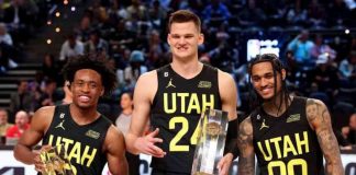 Utah Jazz’s Collin Sexton, Walker Kessler and Filipino-American guard Jordan Clarkson display their trophies after ruling the Skills Challenge competition of the 2023 NBA All-Star Weekend. GETTY IMAGES