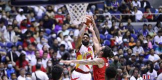 San Miguel Beermen’s Cameron Clark pulls up for a basket while being defended by Barangay Ginebra San Miguel Kings' Christian Standhardinger. PBA PHOTO