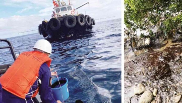 front banner pic and caption (Left) The Philippine Coast Guard conducts assessment of the oil spill and collects oil from the waters of Naujan, Oriental, Mindoro. The oil spill was caused by the sunken MT Princess Empress/PHILIPPINE COAST GUARD PHOTO. (Right) Oil spill stranding was observed in the shoreline of Sitio Sabang, Barangay Tinogboc, Caluya, Antique on Friday, March 3. It has affected mangroves in the area/NOR’Z MORANTE PHOTO.