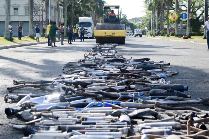 mufflers Over a thousand modified motorcycle mufflers were destroyed in San Carlos City, Negros Occidental yesterday, March 20. SAN CARLOS CITY LGU FACEBOOK PHOTO