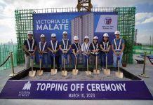 NEW SAN JOSE BUILDERS Holds Topping Off Ceremony for Victoria De Malate Project From left to right: New San Jose Builders, Inc. (NSJBI) Officers Technical Assistant to the COO Engr. Alipio Panganiban; NSJBI Project Manager Engr. Joselito Rodis; NSJBI Chief Architect Arnel Cenidoza; NSJBI Chief Operating Officer Leo Barrosa; NSJBI Assistant Vice President and Sales Division I Head Hazel De Dios; NSJBI Executive Vice President Lorelie Urcia; NSJBI Senior Vice President Engr. Analiza Mangco; NSJBI Assistant Vice President for Sales Support and Sales Division II Head Malou Silvio and NSJBI Executive Vice President Engr. Eric Luna.