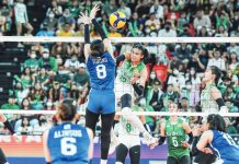 DLSU repeats over NU, stays unbeaten in UAAP women’s volley Bacolodnon Angel Canino of De La Salle University Lady Spikers fired a shot against National University Lady Bulldogs’ Sheena Toring. UAAP PHOTO