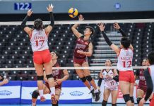 UP Maroons logs 1st win in UAAP women’s volley Negrense Alyssa Bertolano of the University of the Philippines Fighting Maroons goes for an attack against a University of the East Red Warriors defender. UAAP PHOTO