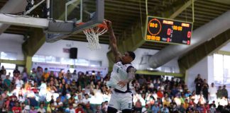 Converge FiberXers’ David Murrell skies for a one-handed dunk during the Slam Dunk competition of the 2023 PBA All-Star Weekend on Friday at the City of Passi Arena in Passi City, Iloilo. PBA PHOTO