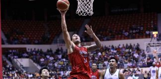 Barangay Ginebra San Miguel Kings’ Christian Standhardinger got an easy basket inside after eluding the Terrafirma Dyip defense. PBA PHOTO