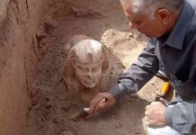 Egypt unearths smiling mini-sphinx Egypt unearths An archaeological worker unearths a Sphynx statue in Egypt. EPA