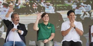 Vice President Sara Duterte-Carpio (center) with Gov. Fredenil Castro (left) and Roxas City mayor Ronnie Dadivas during the Capiztahan’s Maragtas sang Capisnon Cultural Show on Saturday, April 15. INDAY SARA DUTERTE FACEBOOK
