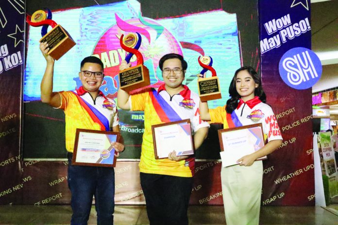 Tertiary level champion Kherbie Agravante (center), first runner-up Kent Questorio (left) and second runner-up Wendelyn Balinario (right).