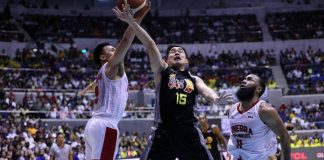 Bacolodnon Kib Montalbo of TNT Tropang Giga had his shot blocked by the defense of Barangay Ginebra San Miguel Kings’ Earl Scottie Thompson. PBA PHOTO