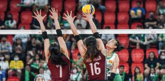 Bacolodnon Angel Canino of the De La Salle University Lady Spikers tries to score against the defense of the University of the Philippines Fighting Maroons’ Stephanie Bustrillo. UAAP PHOTO