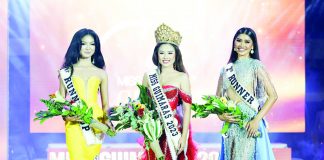 Miss Guimaras 2023 Anne Janet Mandreza (center) with first runner-up Kara Athena De Leon (left) of Nueva Valencia and second runner-up Christine Joy Gabayoyo (right) of Buenavista.