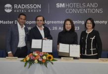 (L-R) Radisson Hotel Group (RHG) APAC Chief Development Officer Ramzy Fenianos, RHG Chief Executive Officer Federico González, SM Hotels and Conventions Corp. (SMHCC) President Elizabeth Sy, and SMHCC Executive Vice President Peggy Angeles, at the Master Development Agreement (MDA) signing ceremony.