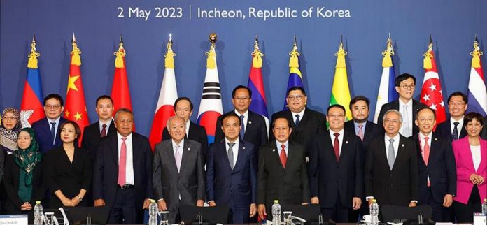 bank_woes.JPG_resized Finance ministers and central bankers from the 10-member Association of Southeast Asian Nations and their three Northeast Asian dialogue partners, South Korea, China and Japan, pose for a group photo during their meeting in Incheon, South Korea on May 2, 2023, on the sidelines of this year's annual congress of the Asian Development Bank. EPA-EFE/YONHAP PHOTO