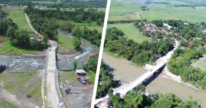 The newly-constructed Sitio Calaptan Bridge (left) and the reconstructed Nanca-Cudangdang Bridge in E.B. Magalona town, Negros Occidental province connect communities across the Malogo River. DPWH REGION VI FACEBOOK PHOTO