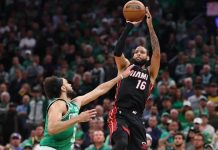 Caleb Martin dropped 26 points to help lead the Heat in what turned out to be a blowout win in Game 7. MADDIE MEYER/GETTY IMAGES