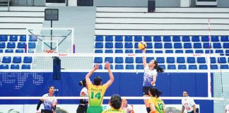 Bacolod Tay Tung High School Thunderbolts’ Camila Amor Bartolome goes for a drop shot against Naga College Foundation. PHOTO COURTESY OF SHAKEY’S GIRLS VOLLEYBALL INVITATIONAL