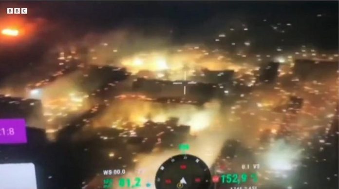 world_ukraine_resized Bakhmut can be seen ablaze as what appears to be white phosphorus rains down on the city in this drone footage released by Ukraine's military. BBC