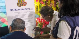 (left) Dr. Rui Paulo de Jesus, Country Representative of the World Health Organization, and (center) Gov. Rhodora J. Cadiao sign a pledge of commitment to the Healthy Hearts Program, which aims to promote cardiovascular health and reduce the burden of non-communicable diseases. ANTIQUE PROVINCIAL HEALTH OFFICE FB PAGE