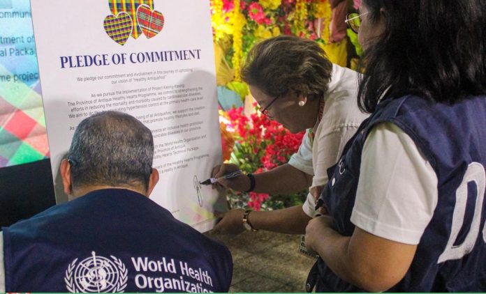 Antique_towns_resized (left) Dr. Rui Paulo de Jesus, Country Representative of the World Health Organization, and (center) Gov. Rhodora J. Cadiao sign a pledge of commitment to the Healthy Hearts Program, which aims to promote cardiovascular health and reduce the burden of non-communicable diseases. ANTIQUE PROVINCIAL HEALTH OFFICE FB PAGE