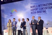 The Manila International Airport Consortium held a media briefing in Makati City on Monday, June 19. In photo, from left to right: Aboitiz InfraCapital president and chief executive officer (CEO) Cosette Canilao, Alliance Global Group Inc. CEO Kevin Tan, LT Group Chief Financial Officer Jose Gabriel Olives, Ayala Corp. President and CEO Cezar Consing, Federal Development Corp. President and CEO Josephine Gotianun-Yap, GIP vice chairman Dr. Jim Yong Kim, and JG Summit Holdings Inc. Senior Advisor Bach Johann Sebastian.