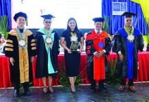 Deputy Speaker and Las Pinas Rep. Camille Villar (center) receives a token of appreciation from university officials of the Northern Iloilo State University-Main campus in Estancia, Iloilo on June 21 after she delivered a commencement speech. Joining her (from left) are Dr. Allemar Jhone Delima, vice president for research and extension; Dr. Ma. Theresa Palmares, VP for administration and finance; Dr. Bobby Gerardo, university president, and Dr. Jomartin Limson, VP for academic affairs.