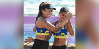Bianca Lizares and Honey Grace Cordero celebrate after the Bacolod pair made it to the Beach Volleyball Republic on Tour Candon City leg finals. BVR Photo