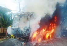 A passenger-loaded bus caught fire early yesterday morning, June 26, in Bago City, Negros Occidental. BAGO CITY FIRE STATION PHOTO