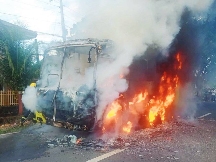 A passenger-loaded bus caught fire early yesterday morning, June 26, in Bago City, Negros Occidental. BAGO CITY FIRE STATION PHOTO