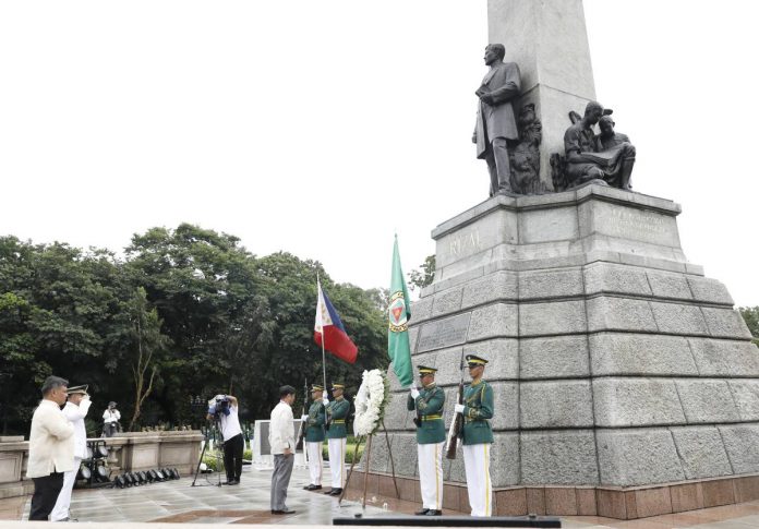 President Ferdinand R. Marcos Jr. leads the commemoration of the 125th anniversary of Philippine independence and nationhood with a flag-raising ceremony at the Jose Rizal monument in Manila on June 12, 2023. The President also offered a wreath for the country’s national hero. MALACAÑANG PHOTO