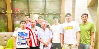 Elite Lab’s Kent Parrenas, Irele Galas, John Loyd Martinez, Renel Jopillo, John Lester Amagan, and Moisis dela Cruz are pictured with Elite Lab founder Eugene Chua and College of St. Benilde Blazers booster Frank Lao. PHOTO COURTESY OF EUGENE CHUA