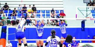 Bacolod Tay Tung High School Thunderbolts’ Katherine Shaine Cortez attempts to block the shot attempt of Nazareth School of National University Lady Bullpups’ Yesha Noceja. PHOTO COURTESY OF SHAKEY’S GVIL