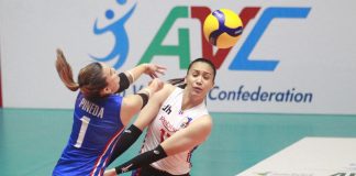 Philippine women’s volleyball team’s Faith Nisperos and Shiela Pineda try to save the ball. AVC PHOTO