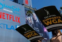 Hollywood stars to stage strike Striking Writers Guild of America (WGA) members walk the picket line in front of Netflix offices. Mike Blake/Reuters