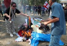 Georgia Pride festival stormed by protesters Anti-LGBTQ protesters who managed to break through the police cordon make a bonfire in the area designated for the Tbilisi Pride Fest, in Tbilisi, Georgia July 8, 2023. REUTERS/Irakli Gedenidze