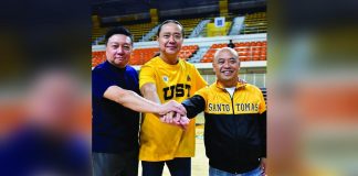 San Miguel Corporations Sports Director and University of Santo Tomas Special Assistant to the Rector for Sports Alfrancis Chua (center) is flanked by UST Rector Fr. Richard Ang, OP, and UST IPEA head Fr. Rodel Cansancio, OP. PHOTO COURTESY OF THE VARSITARIAN