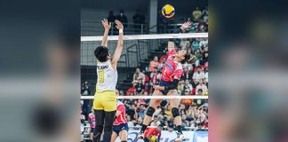 Creamline Cool Smashers’ Alyssa Valdez goes for a shot against the defense of F2 Logistics Cargo Movers’ Kim Fajardo. PVL PHOTO